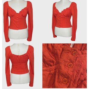 Free People Ladybug Long Sleeve Boho Top S Flambe Red Cropped Puff slv Milkmaid